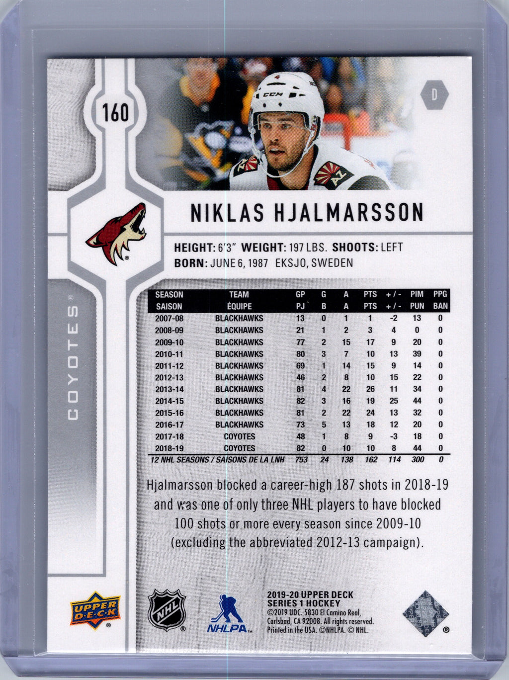 2019-20 Upper Deck #160 Niklas Hjalmarsson