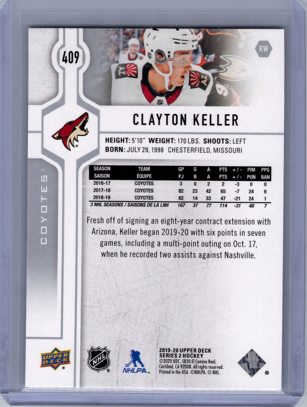 2019-20 Upper Deck #409 Clayton Keller