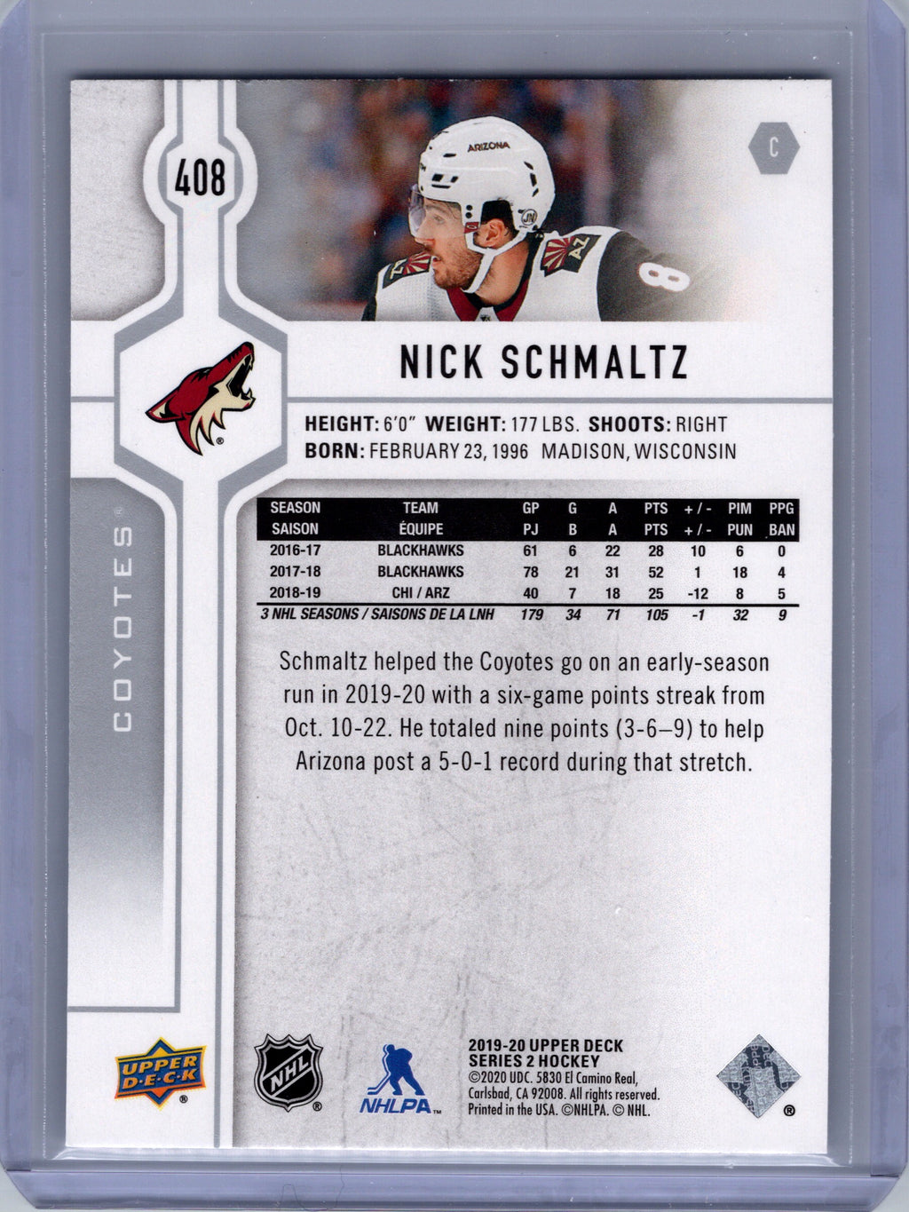 2019-20 Upper Deck #408 Nick Schmaltz