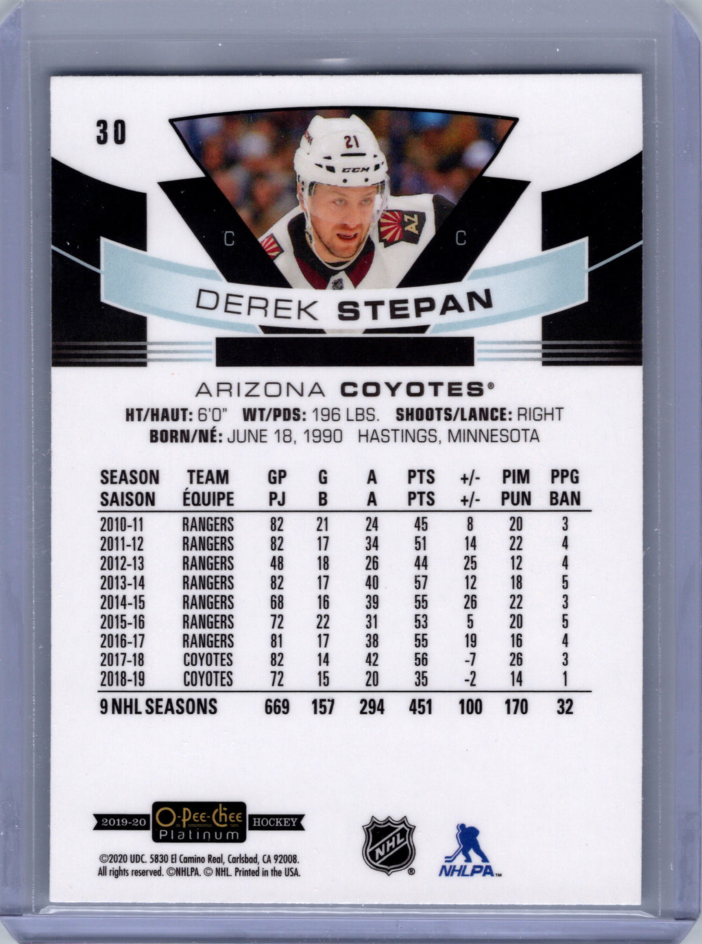 2019-20 O-Pee-Chee Platinum #30 Derek Stepan Matte-Pink