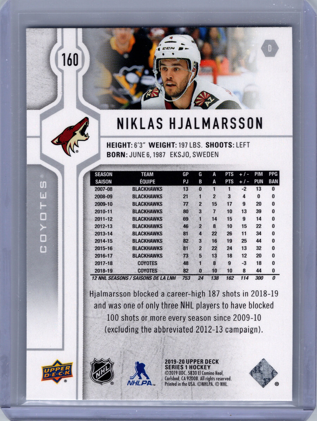 2019-20 Upper Deck #160 Niklas Hjalmarsson