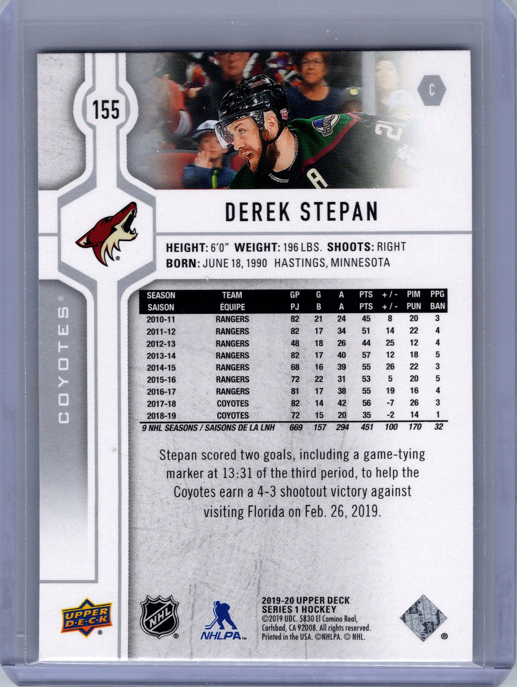 2019-20 Upper Deck #155 Derek Stepan