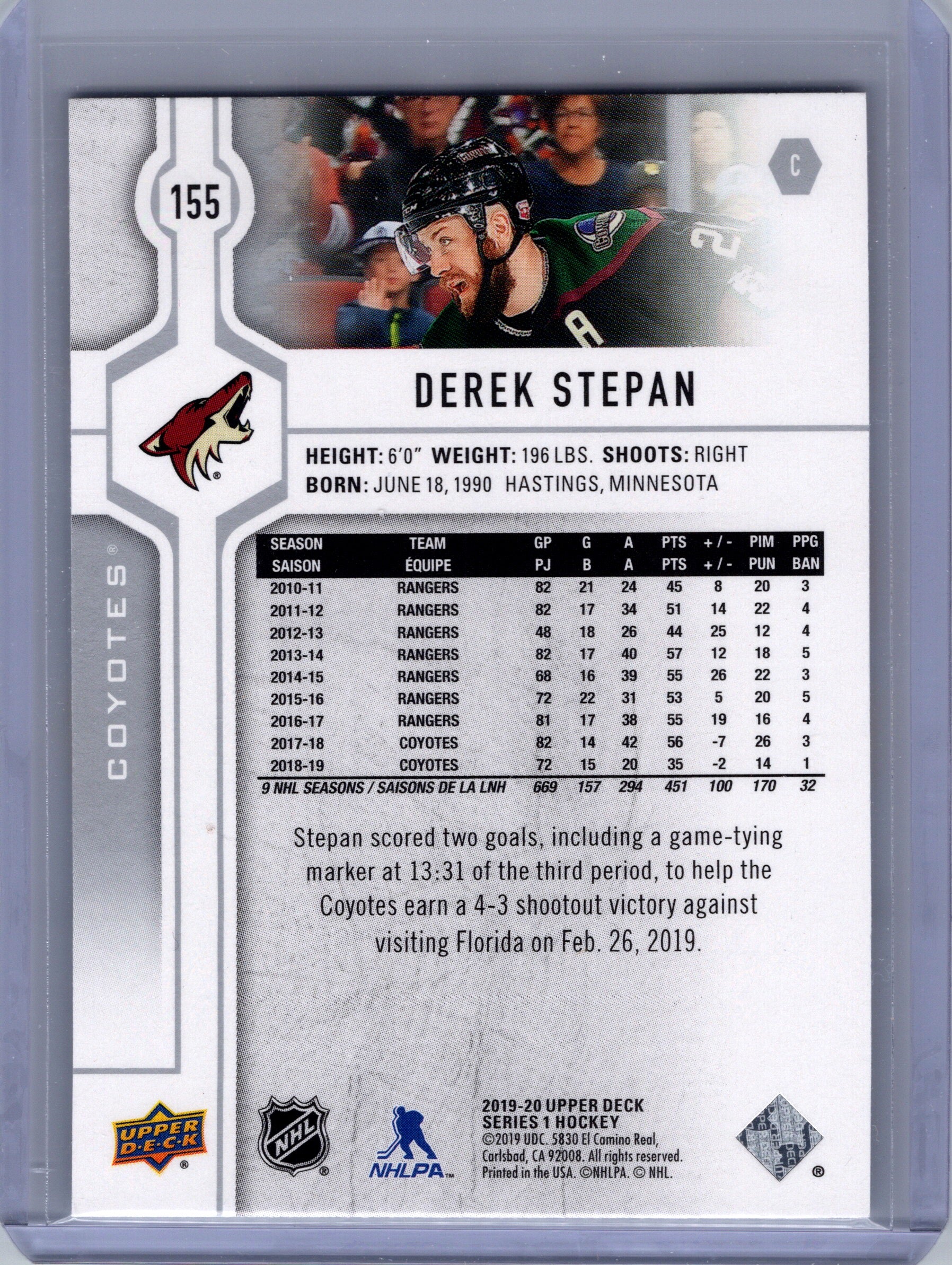 2019-20 Upper Deck #155 Derek Stepan