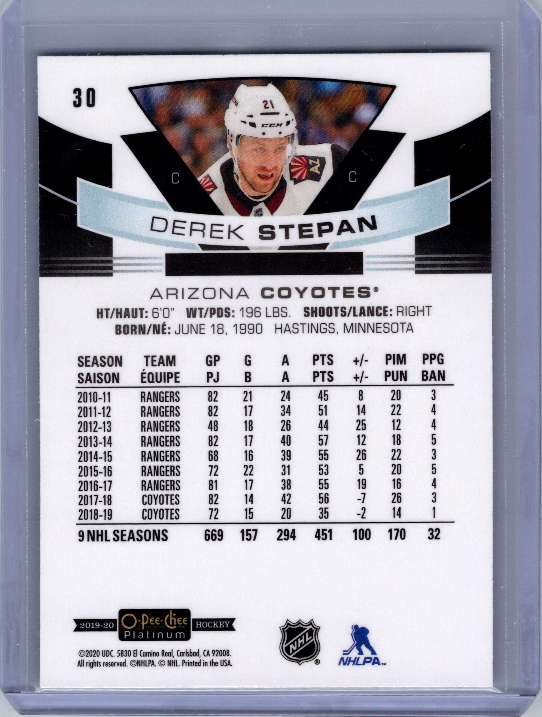 2019-20 O-Pee-Chee Platinum #30 Derek Stepan Matte-Pink