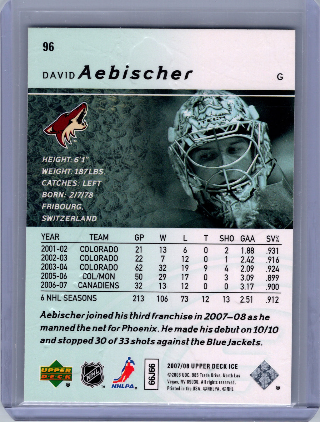 2007-08 Upper Deck Ice #96 David Aebischer
