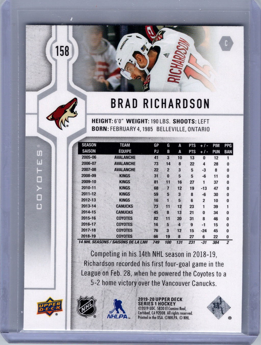 2019-20 Upper Deck #158 Brad Richardson