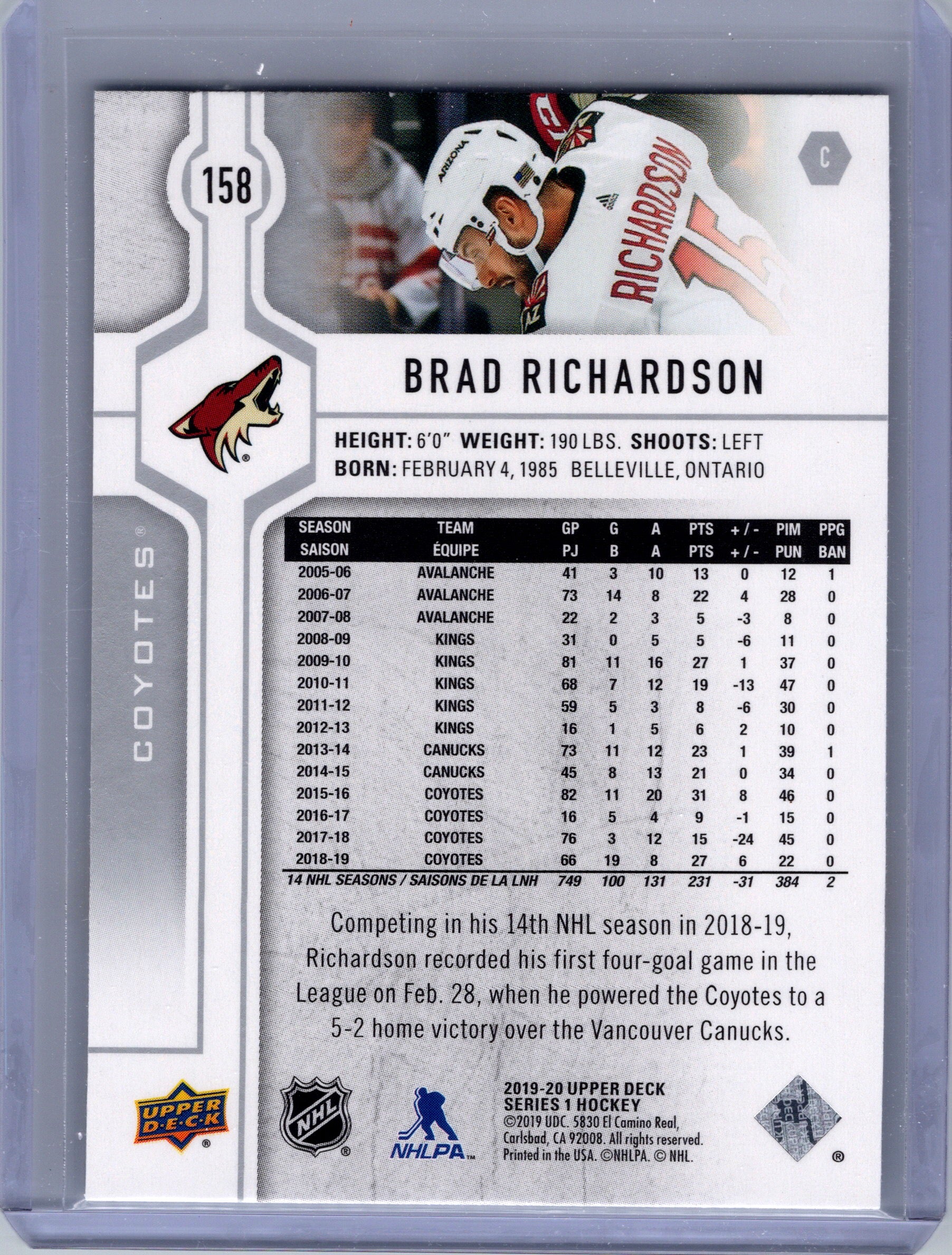 2019-20 Upper Deck #158 Brad Richardson