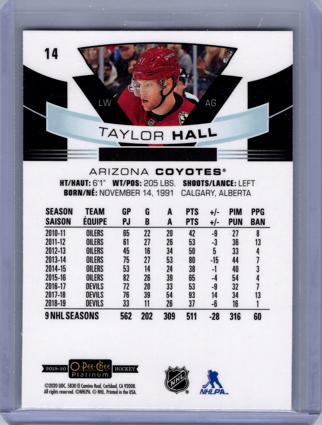 2019-20 O-Pee-Chee Platinum #14 Taylor Hall Golden-Treasures #/1