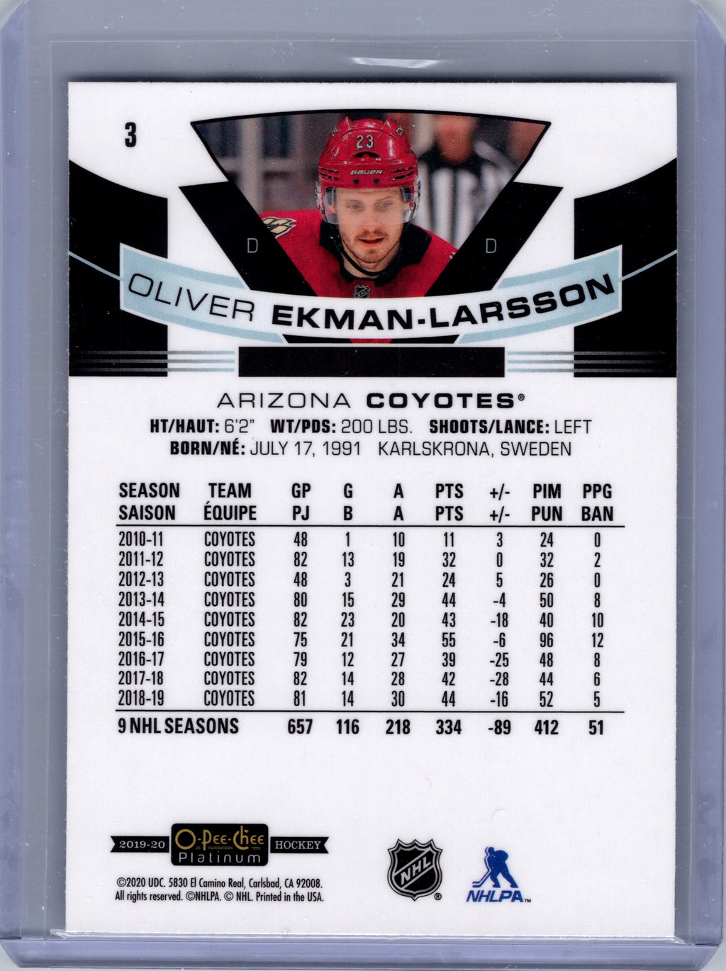 2019-20 O-Pee-Chee Platinum #3 Oliver Ekman-Larsson Matte-Pink