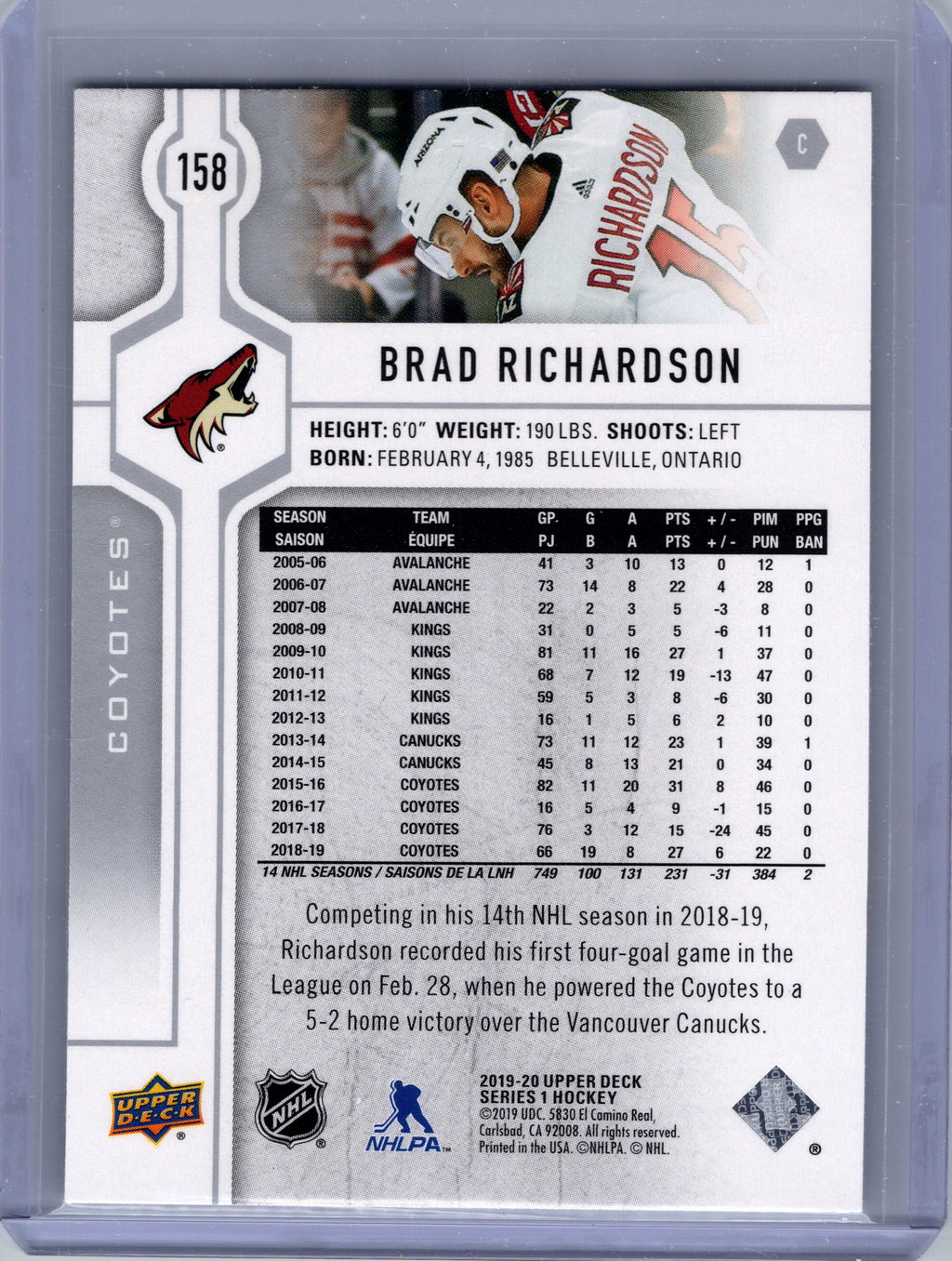 2019-20 Upper Deck #158 Brad Richardson